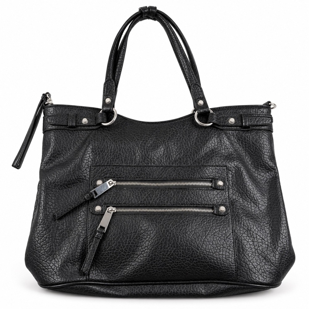 Jessica Simpson Vintage Y2K Black Pebbled Faux Leather Edgy Tote Shoulder Bag